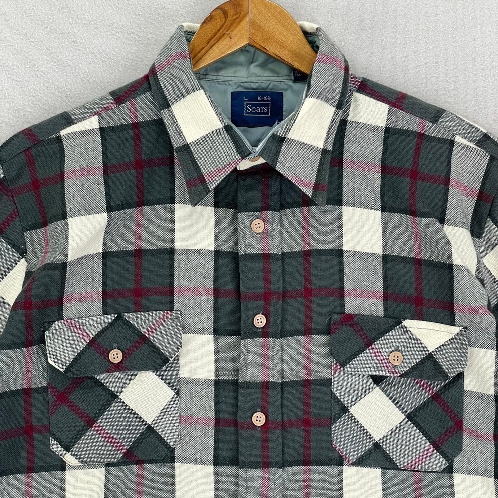 VTG 80s SEARS Flannel‎ Shirt Mens Large Grey Plaid Long Sleeve Retro Button Up